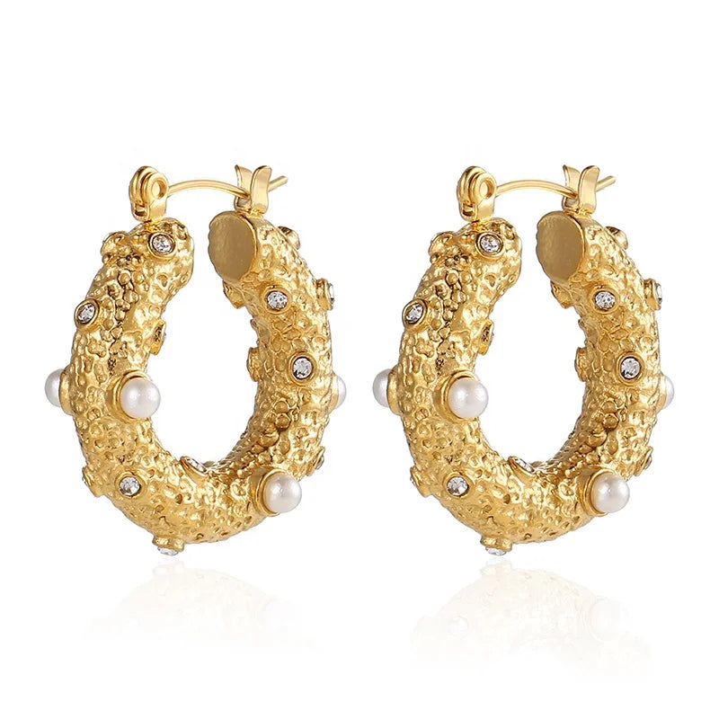 Women Fashion Tarnish Free Waterproof Trendy Jewelry Stainless Steel 18K Gold Plated Pearl Hoop Earrings