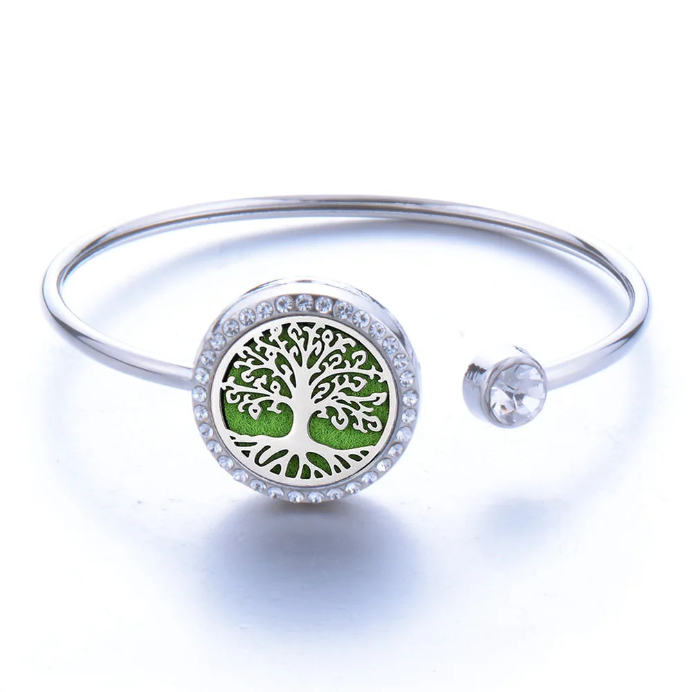 Zircon Tree of Life Locket Pendant Bracelet Stainless Steel Jewelry Bangle Aroma Essential Oil Diffuser Bracelet for Women