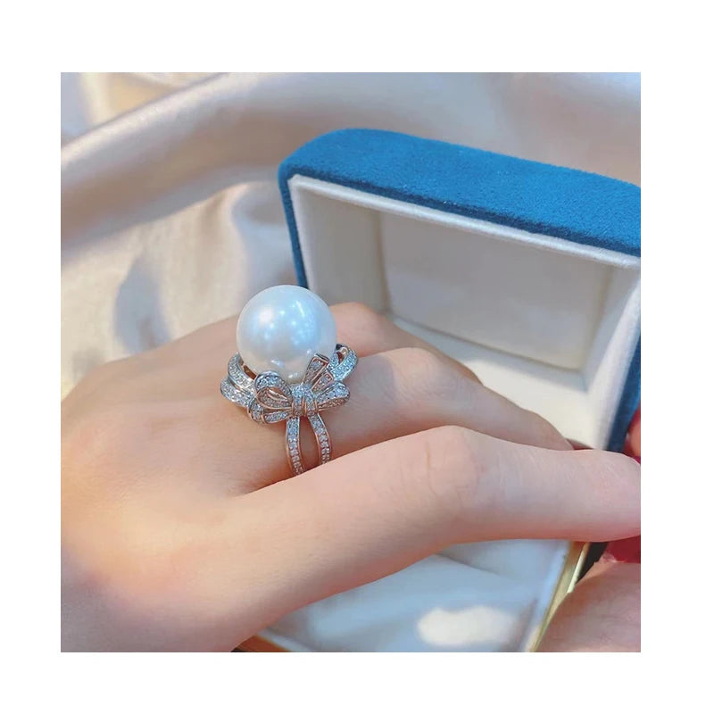 Hot Sale Elegant 16mm Big Shell Pearl Bow Ring 925 Silver Stylish Ring for Women