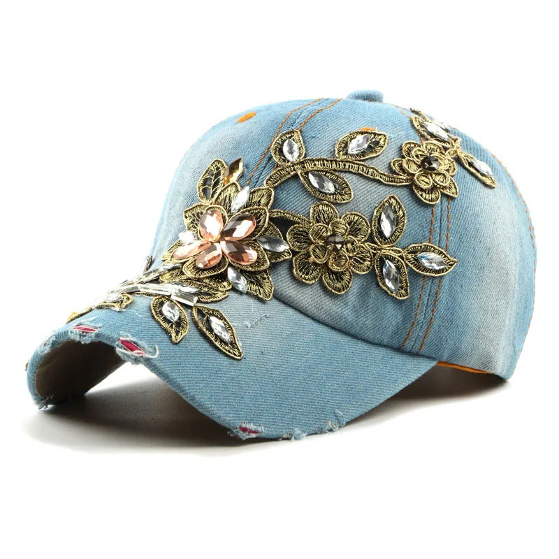 Jewel Rhinestone Bling Hats Jeans Wash Denim Womens Cute Lace Flowers Baseball Cap