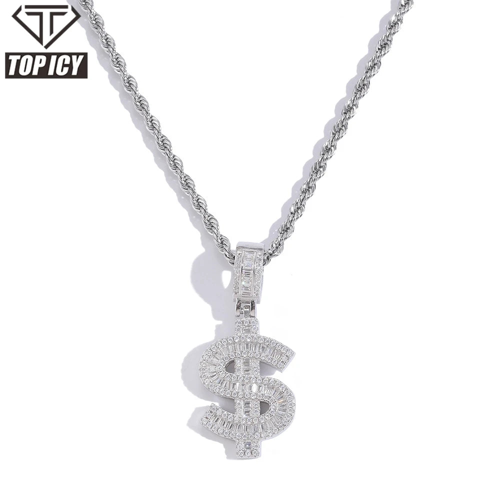 Luxury 925 Sterling Silver 5A CZ Dollar Pendant Iced Out Money Necklace Hip Hop Jewelry