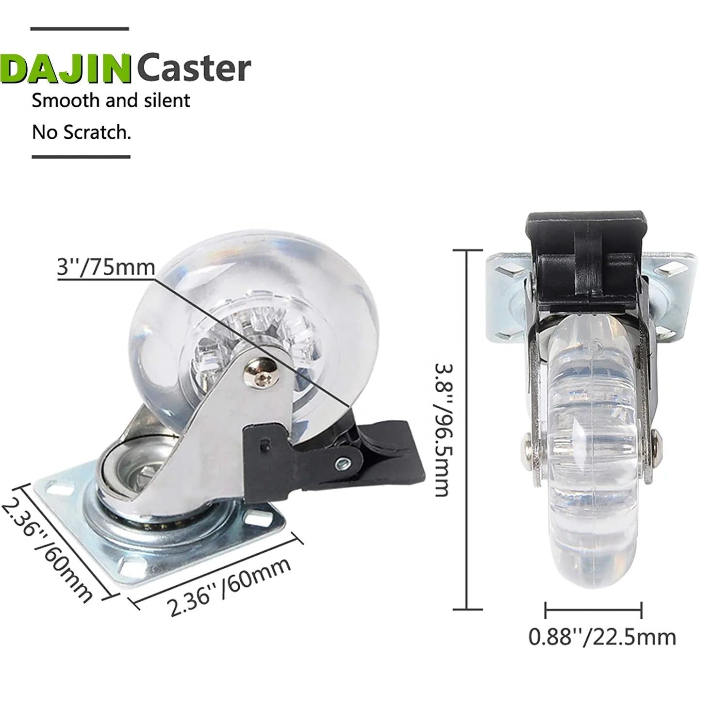 2 Inch 3 Inch 4 Inch 75mm Clear Swivel Brake Wheels Silicone Transparent Cabinet Office Chair Furniture Caster Wheel