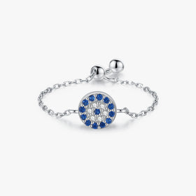 925 Sterling Silver Fine Jewelry Sparkling Evil Eyes Blue Cubic Zirconia Adjustable Link Chain Rings for Women