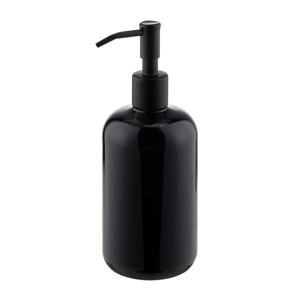 24/410 Recycled 16oz Round Plastic Bottles Black Amber PET Boston Round Bottles With 304 Stainless Steel Pump