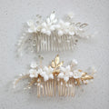 SLBRIDAL Handmade Alloy Leaf Crystal Rhinestones Porcelain Flower Pearls Bridal Hair Comb Wedding Hair Accessories Women Jewelry MegaBDM