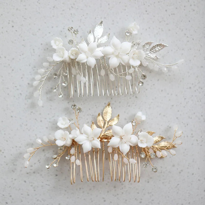 SLBRIDAL Handmade Alloy Leaf Crystal Rhinestones Porcelain Flower Pearls Bridal Hair Comb Wedding Hair Accessories Women Jewelry MegaBDM