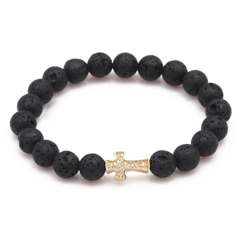 Tiger Eye Stone Copper Plated Gold Zircon Cross White Turquoise Charm Christian Bracelet for Men Women for Gift Wedding Party