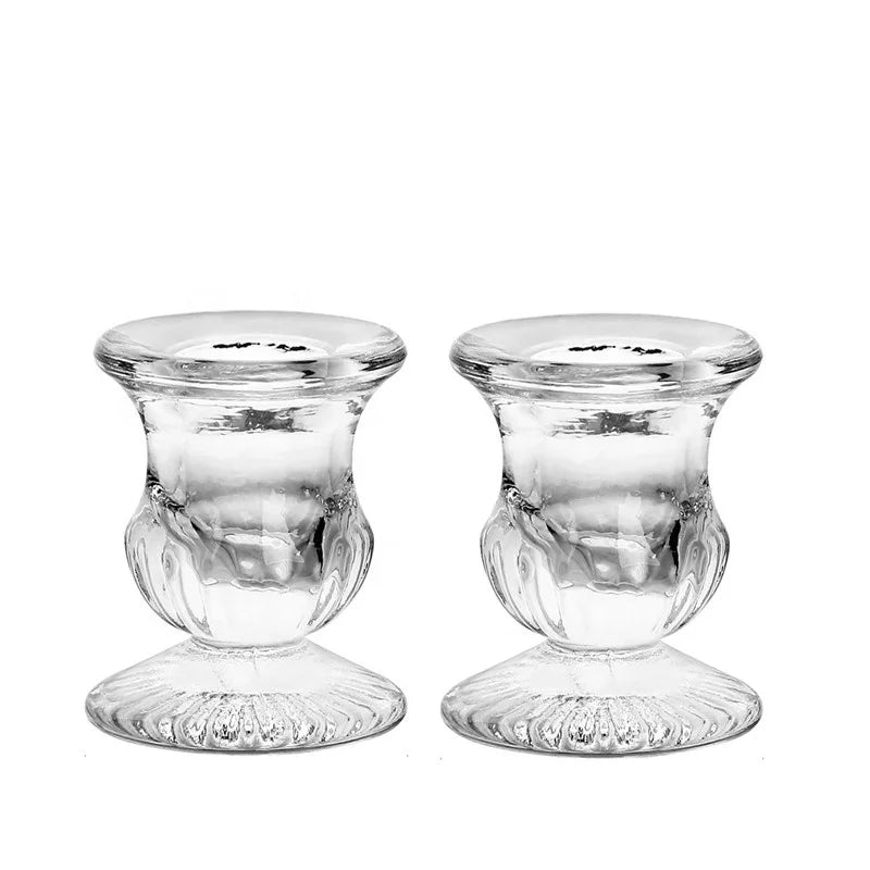 Small Thick Glass Tapered Candle Stand Clear Candlestick Holders Reusable Heat Resistant Wedding Use