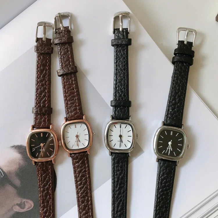 Retro Elegant Minimalist Pointer Black Brown Leather Band Square Quartz Watch for Women Ladies Gift