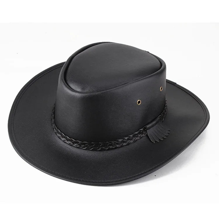 Fashion Men Leather Cowboy Western Hat Cattlemen Black Cowboy Hats Leather