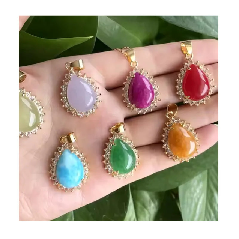 New!  Jade Pendant Jewelry 2021 Ins Fashion Women Chinese Green Stone Jade Tear Drop Pendant with Diamond Necklace for Women