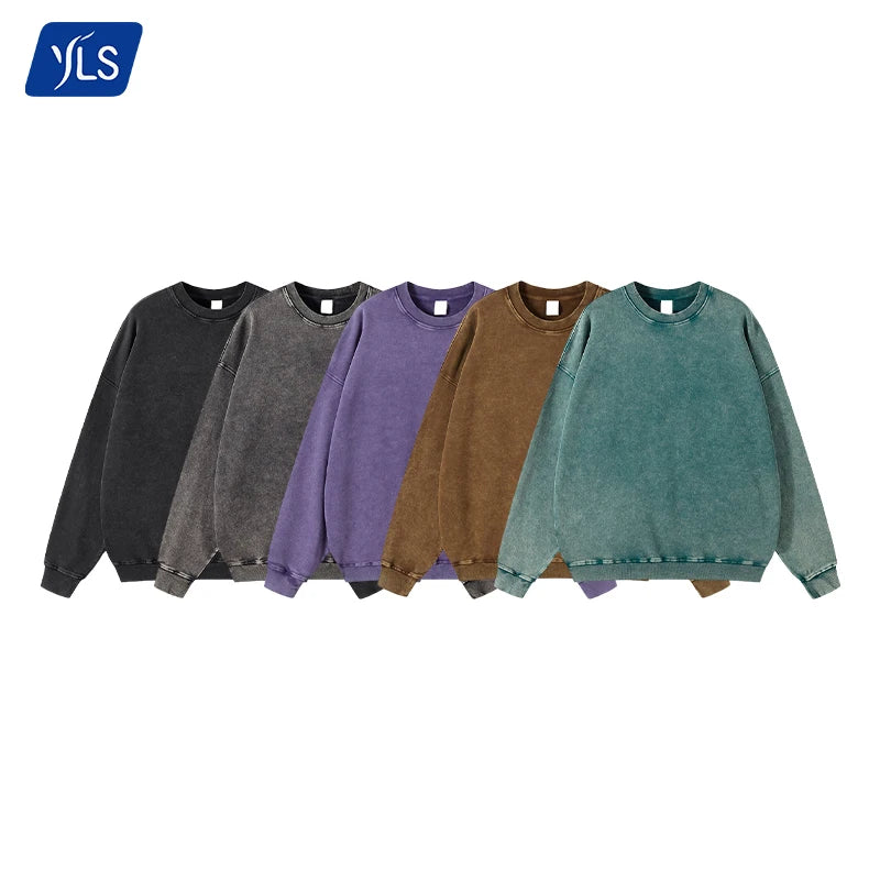 YLS Winter Oversized Pullover Custom Printing Washed Unisex Vintage Solid Eco-Friendly 100% Cotton Crewneck Sweatshirt