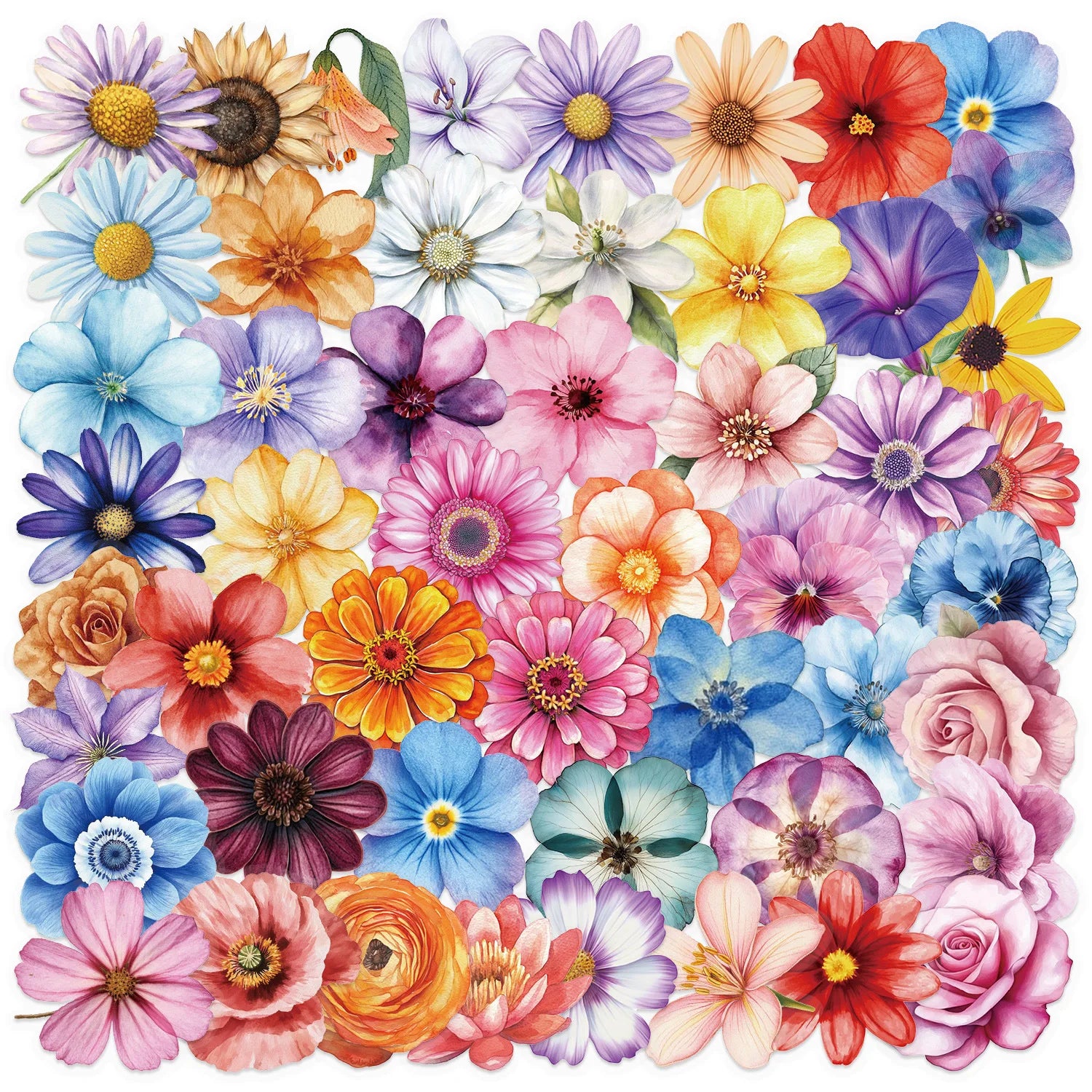 50Pcs Transparent Cartoon Flower Stickers Pack for Book Wall Home Decor PET Colorful Spring Flowers Sticker