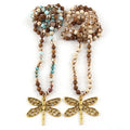 Fashion Bohemian Jewelry 6mm Natural Stone Crystal Glass Knotted Necklace Alloy Dragonfly Pendant Necklaces for Women Gift