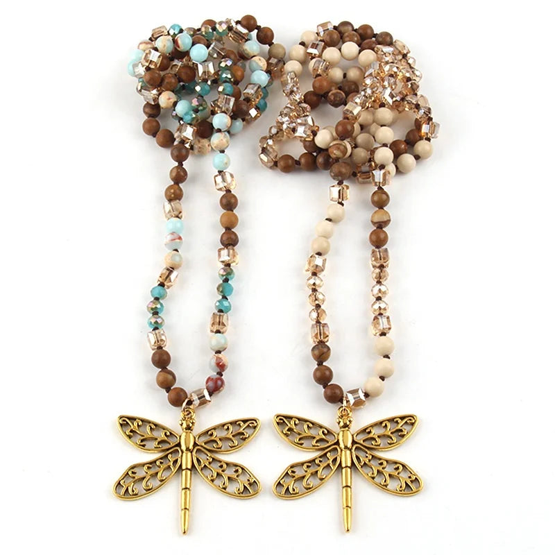 Fashion Bohemian Jewelry 6mm Natural Stone Crystal Glass Knotted Necklace Alloy Dragonfly Pendant Necklaces for Women Gift