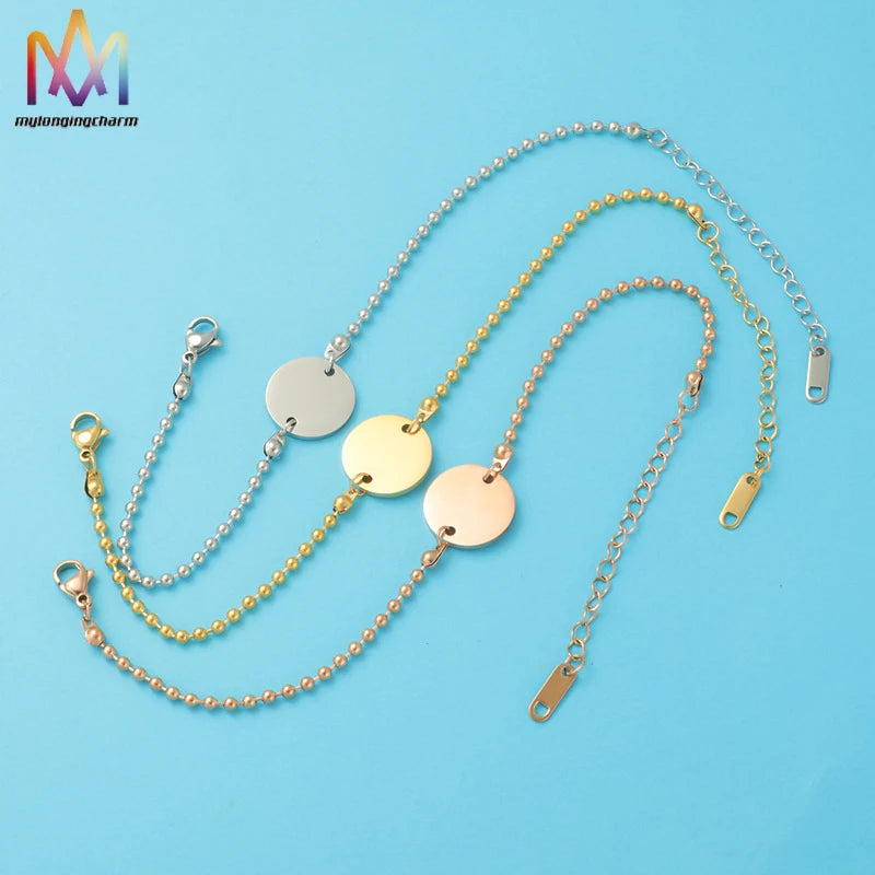Custom Laser Engraving Round Disc Tag Beaded Chain Bracelet Stainless Steel Jewelry for Man Women Girls