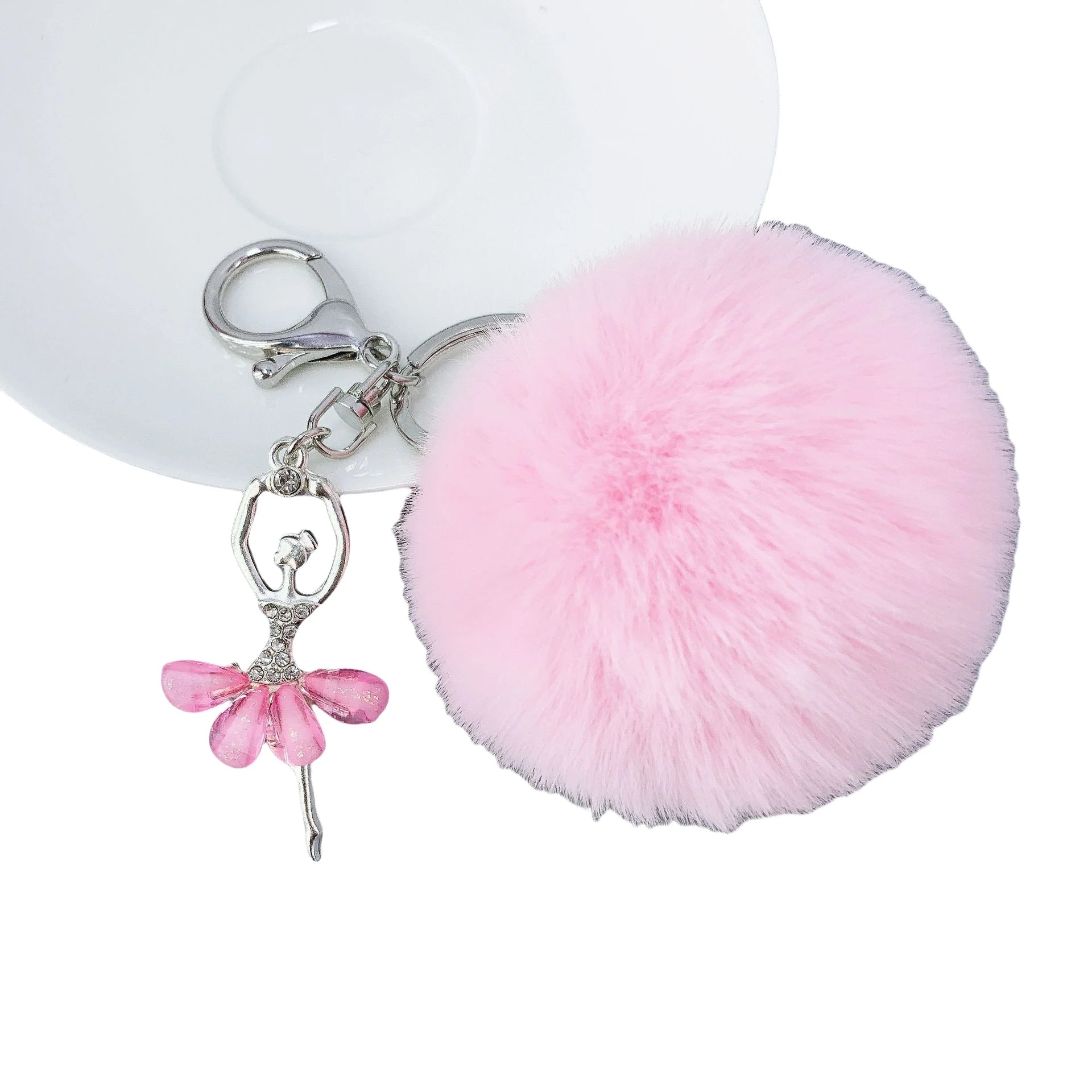 Promotion Fashion Pom Pom Keychain Crystal Ballet Dancer Keyring Pendent Cute Rabbit Fur Puff Ball Plush Key Chains Accessories