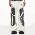 YUCHEN Custom Factory Distress Dirty Wash Waxed Coated Dye Cotton Twill Denim Cargo Pants With Belt Straight Cargo Jeans Men