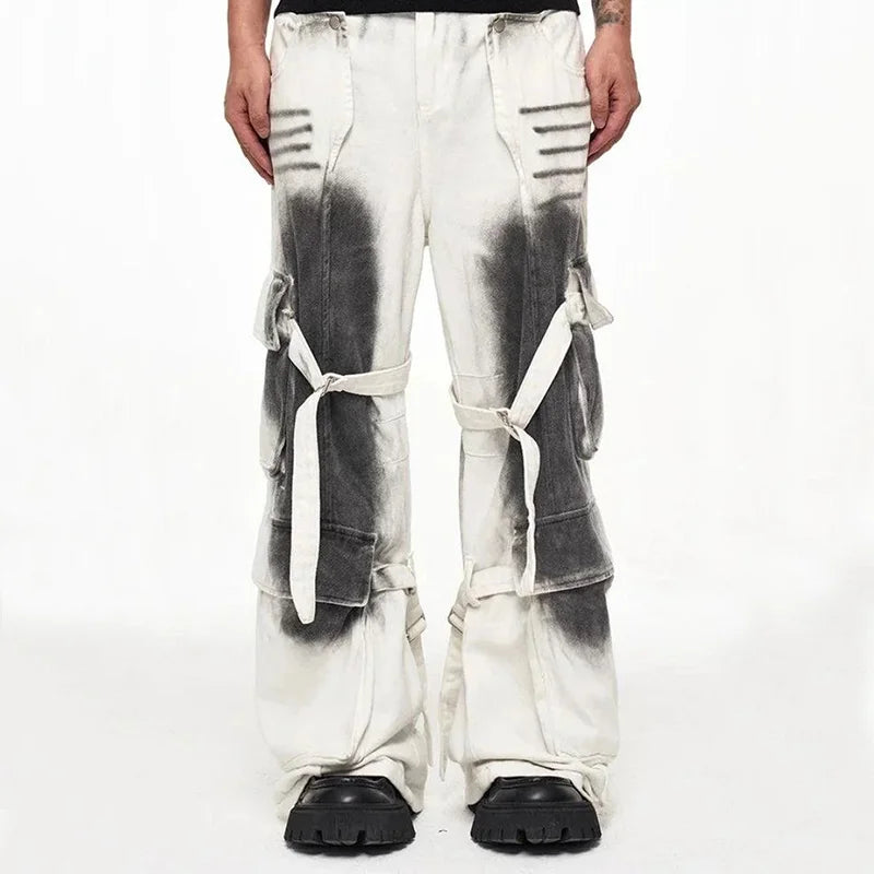 YUCHEN Custom Factory Distress Dirty Wash Waxed Coated Dye Cotton Twill Denim Cargo Pants With Belt Straight Cargo Jeans Men