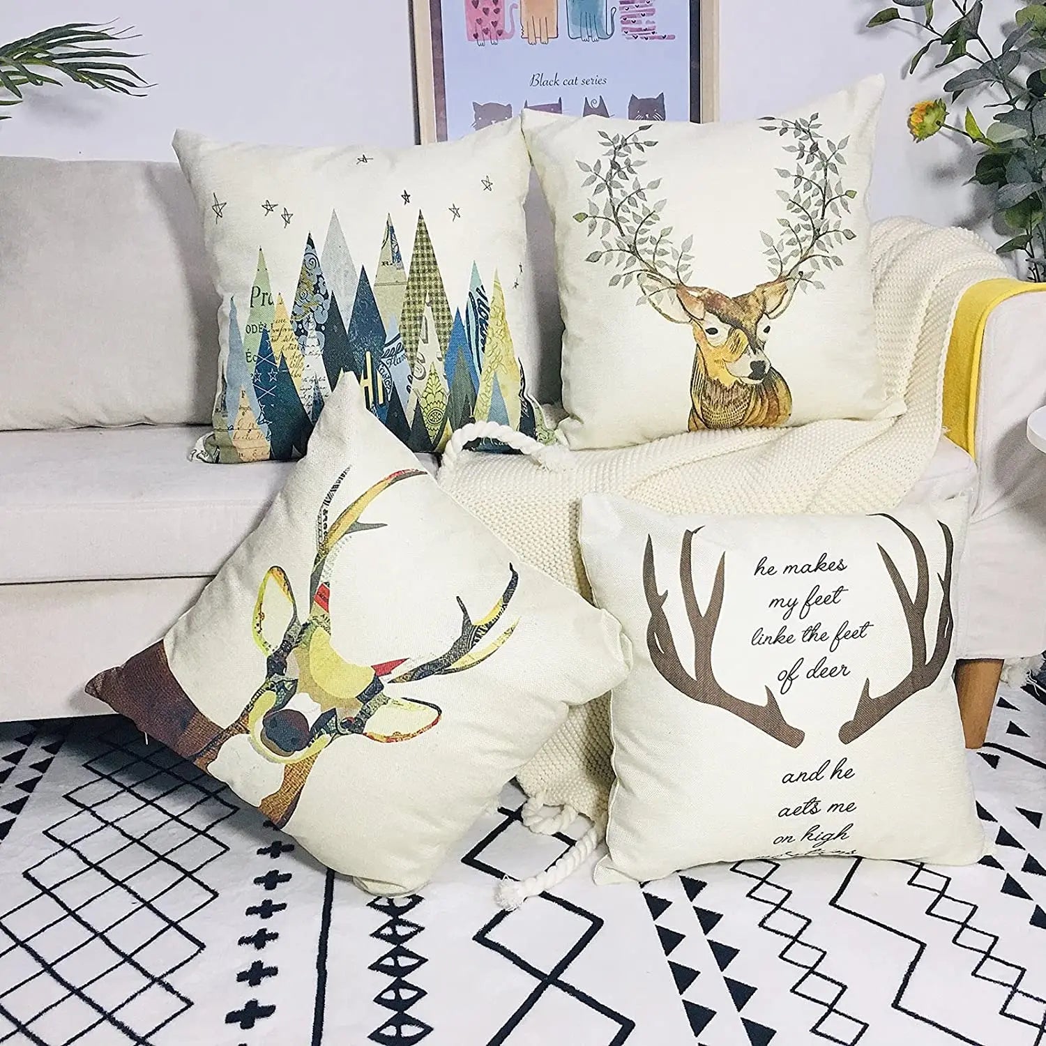 Lovely Outdoor Cushions Cover Cute Deer Cartoon Leaves Animal Linen Water Resistant Customizable Decorative Sofa Invisibility