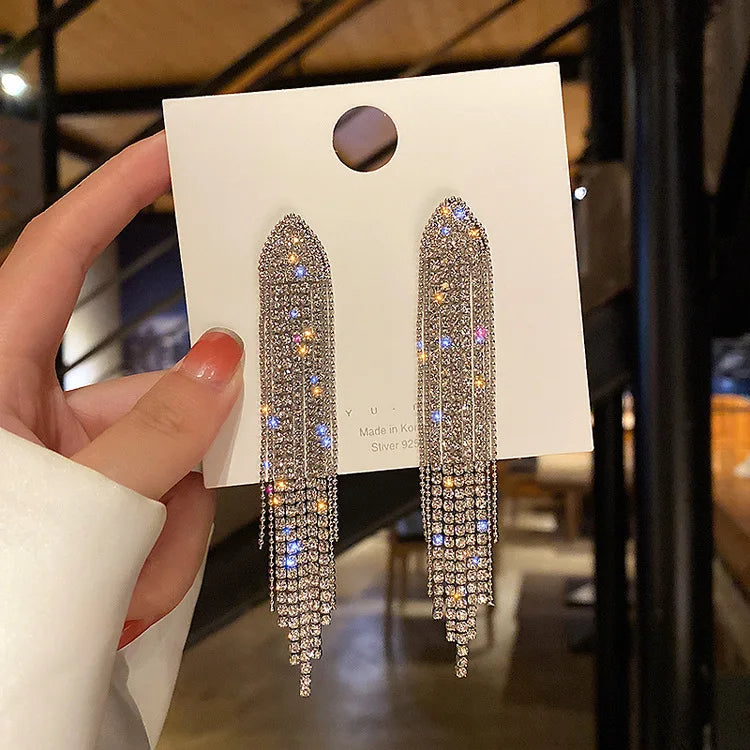 Luxury Diamond Triangular Earrings Fashion Bling Jewelry Long Tassel Ear Rings Brincos Rhinestone Tassel Earrings for Women