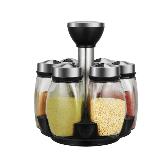 Kitchen Revolving Spice Rack Organizer 6 Glass Jar Bottles Set for Herbs Salt and Pepper