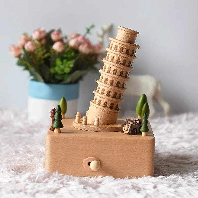 Customizable Leaning Tower Wind-Up Music Box with Movable Car for Holiday Gifts