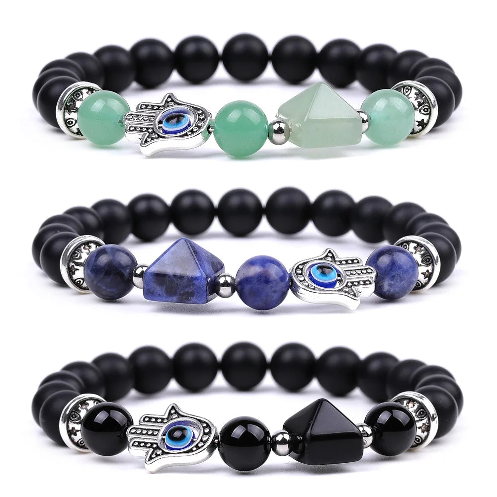 8mm Unisex Natural Stone Bracelet Hand of Fatima Pyramid Amethyst & Rose Quartz Chakra Energy Bead for Weddings & Gifts