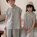 2025 Summer New Boys and Girls Korean Style Short Sleeve Shorts Two-piece Set Loose Plaid Dress Brother and Sister Outfit