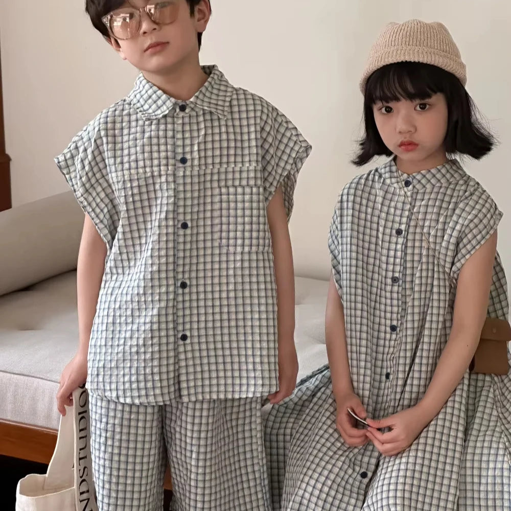 2025 Summer New Boys and Girls Korean Style Short Sleeve Shorts Two-piece Set Loose Plaid Dress Brother and Sister Outfit