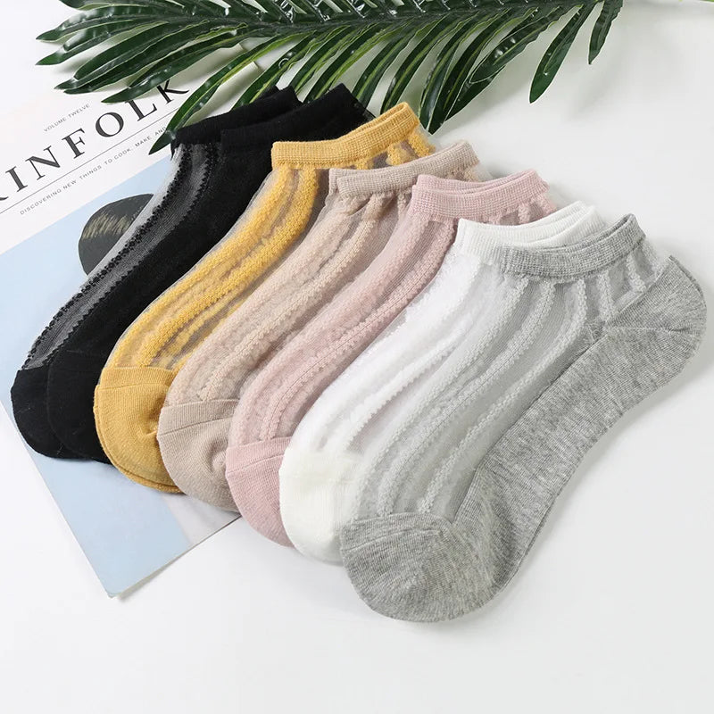 Sheer silk cotton sole vertical jacquard sheer silk boat socks for women