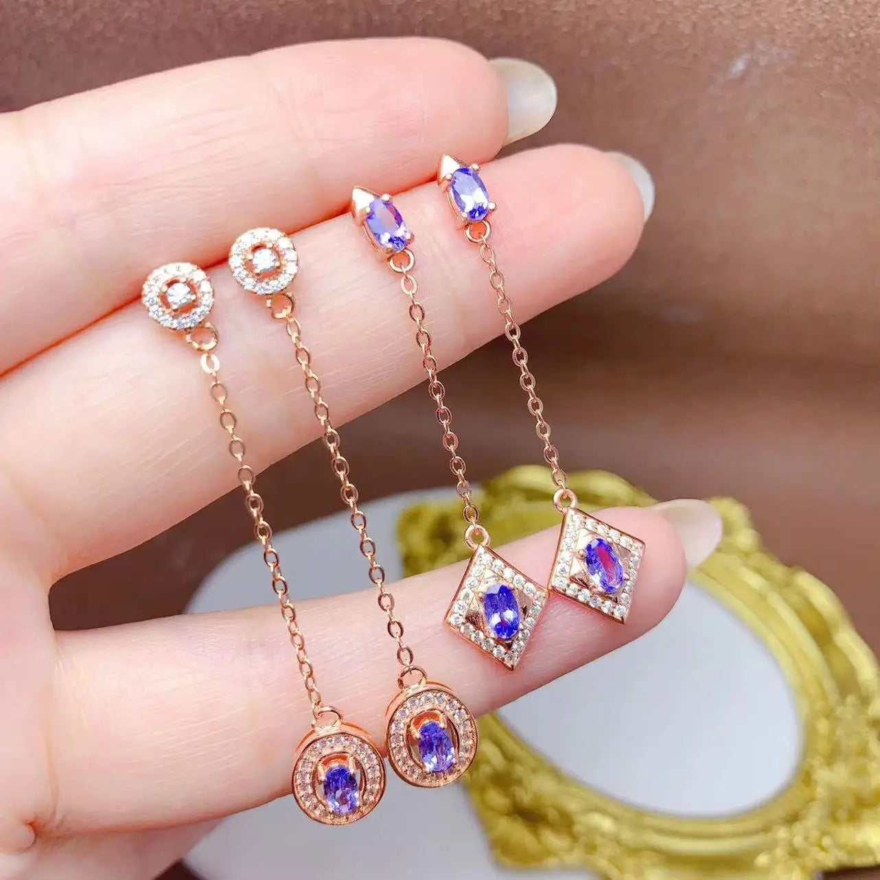 Dubai Classic 925 Sterling Silver Rose Gold Plated Natural Tanzanite Stud Earrings-Unisex Anniversary & Party Gift