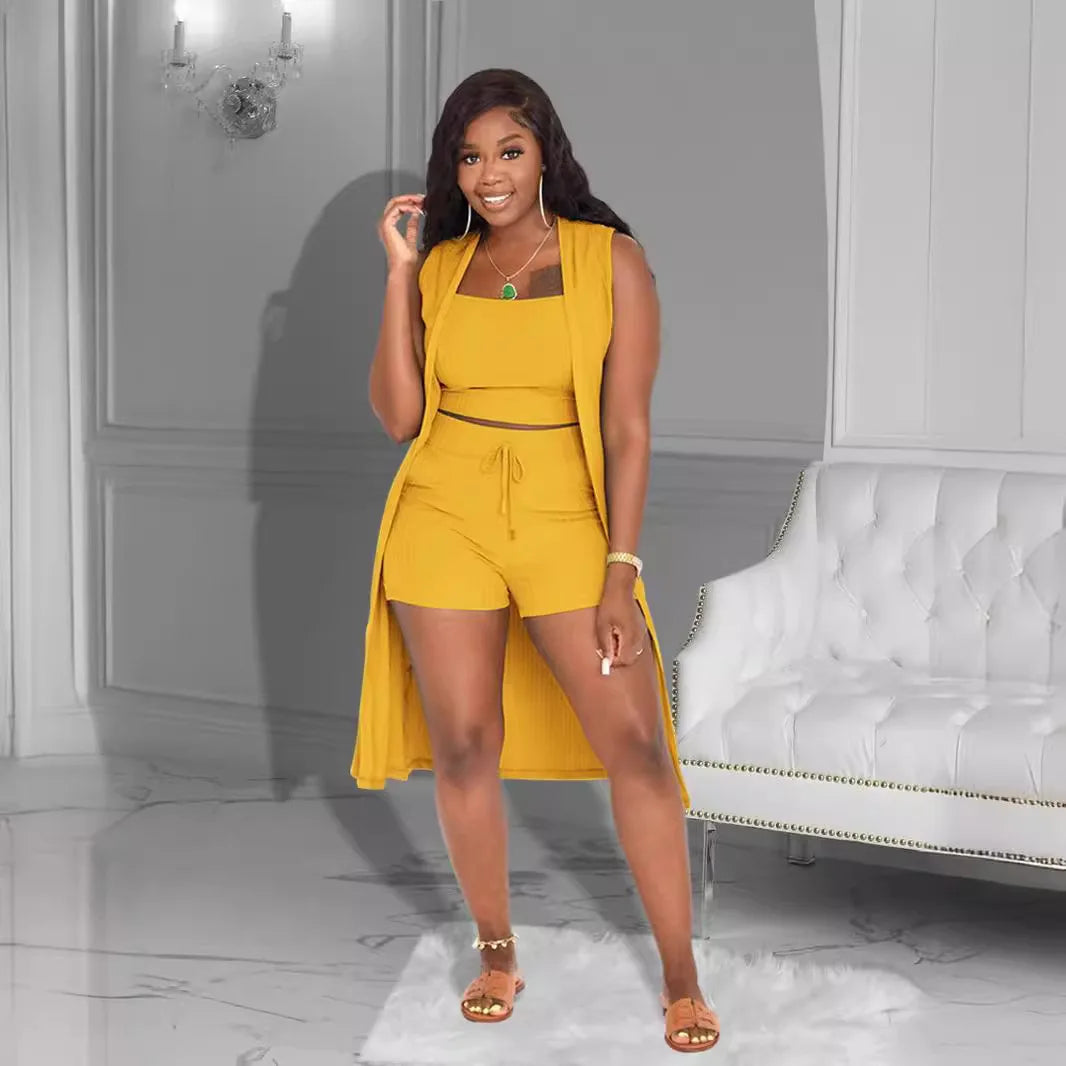 Plus Size Street Wear Women Three Pieces Shorts Set Tracksuit Clothing Sleeveless Jackets Coats Crop Top 3 Pieces Outfits