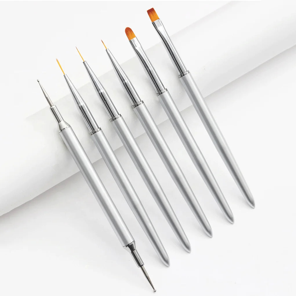 Private Label Nail Painting Pen 3d Liner Gel Dotting Metal 6pcs Nail Art Brush Set