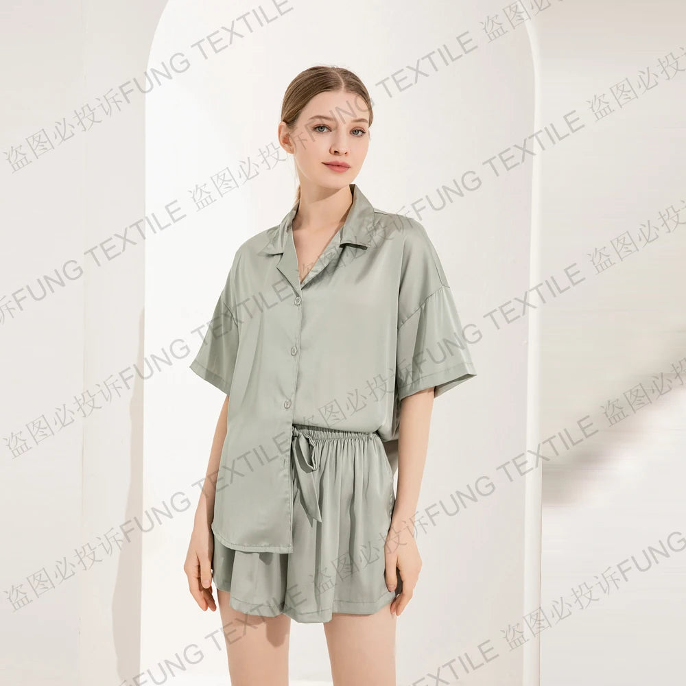 FUNG 6035 Factory Custom Bridesmaid Pajamas Short Sleeve Shorts  Solid Color 2 Piece Satin Pajamas Set