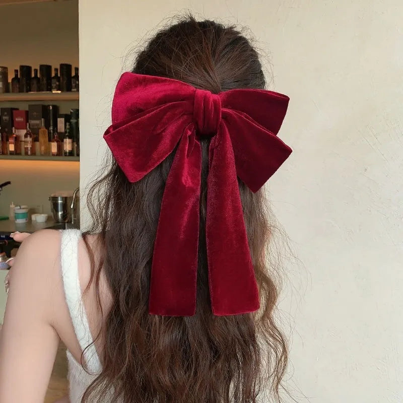 MIO Large Velvet Hair Spring Clip Big Bowtie Sweet for Lady Red Velvet Bowknot Women Long Tassel Ribbon Hairpins Handmade