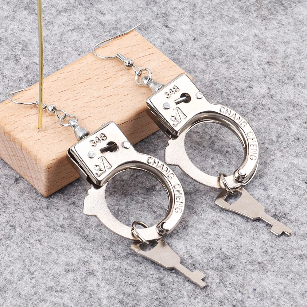 Wholesale Toy Handcuffs Key Punk Earrings 1pair/Opp Bag Personalized Metal Silver Trendy Drop Earrings for Women