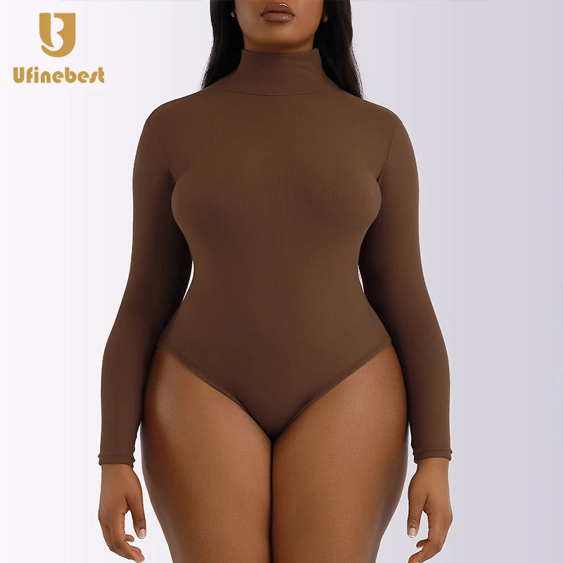 Wholesale High Neck Women Long Sleeve Compression Stretchy Soft One Piece Thong Bodysuit