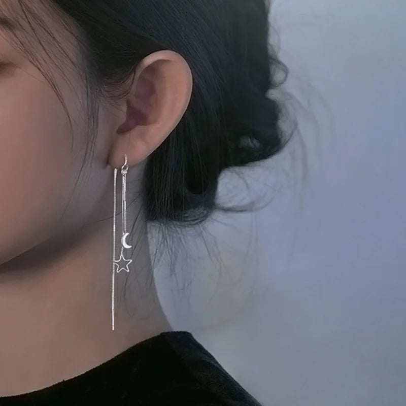 Fashion Long Tassel Earrings Star Moon Earrings Exquisite Unique Hollow Out Ear Studs Earrings