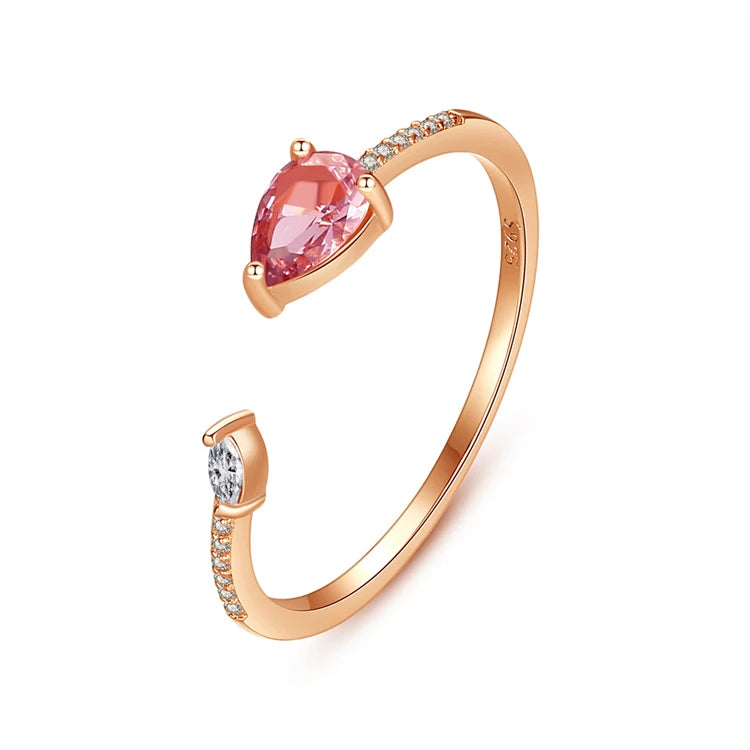 Fine Jewelry 925 Sterling Silver Triangle Shape Pink Gemstone Engagement Open Adjustable Ring for Women