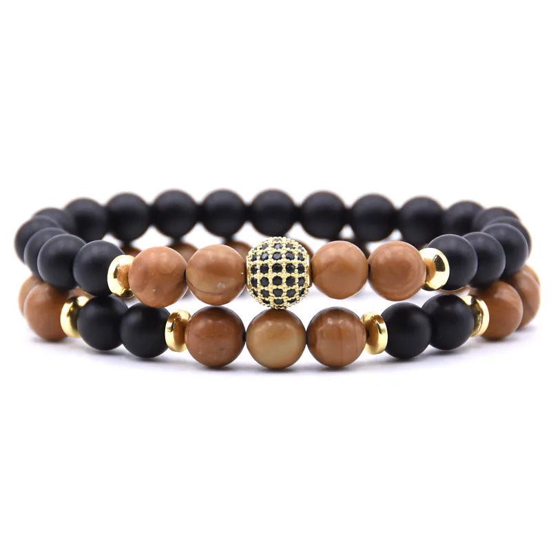 18 Colors Low Price 2pcs Pack Zircon Brass Bead Charm Elastic Cord Women and Men Bracelet Natural Gemstone Jewelry Bracelets