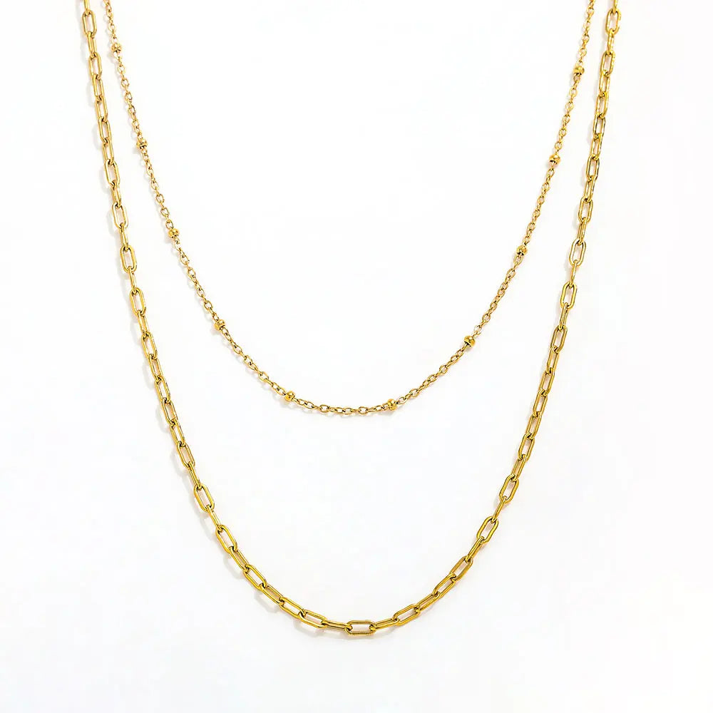 Joolim Jewelry 18K Gold Plated Double-Layer Bead Chain Paper Pin Link Vintage Necklace Stainless Steel Wholesale MegaBDM