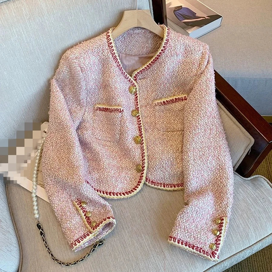 New Pink Tweed Coat Women's Spring and Autumn Temperament Premium Short Top