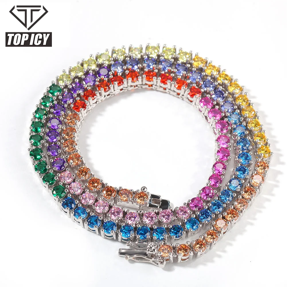 Fashion Hip Hop White Gold & Rhodium Plated Rainbow Color Diamond Tennis Chain 4mm Iced out Link Necklace for Anniversaries