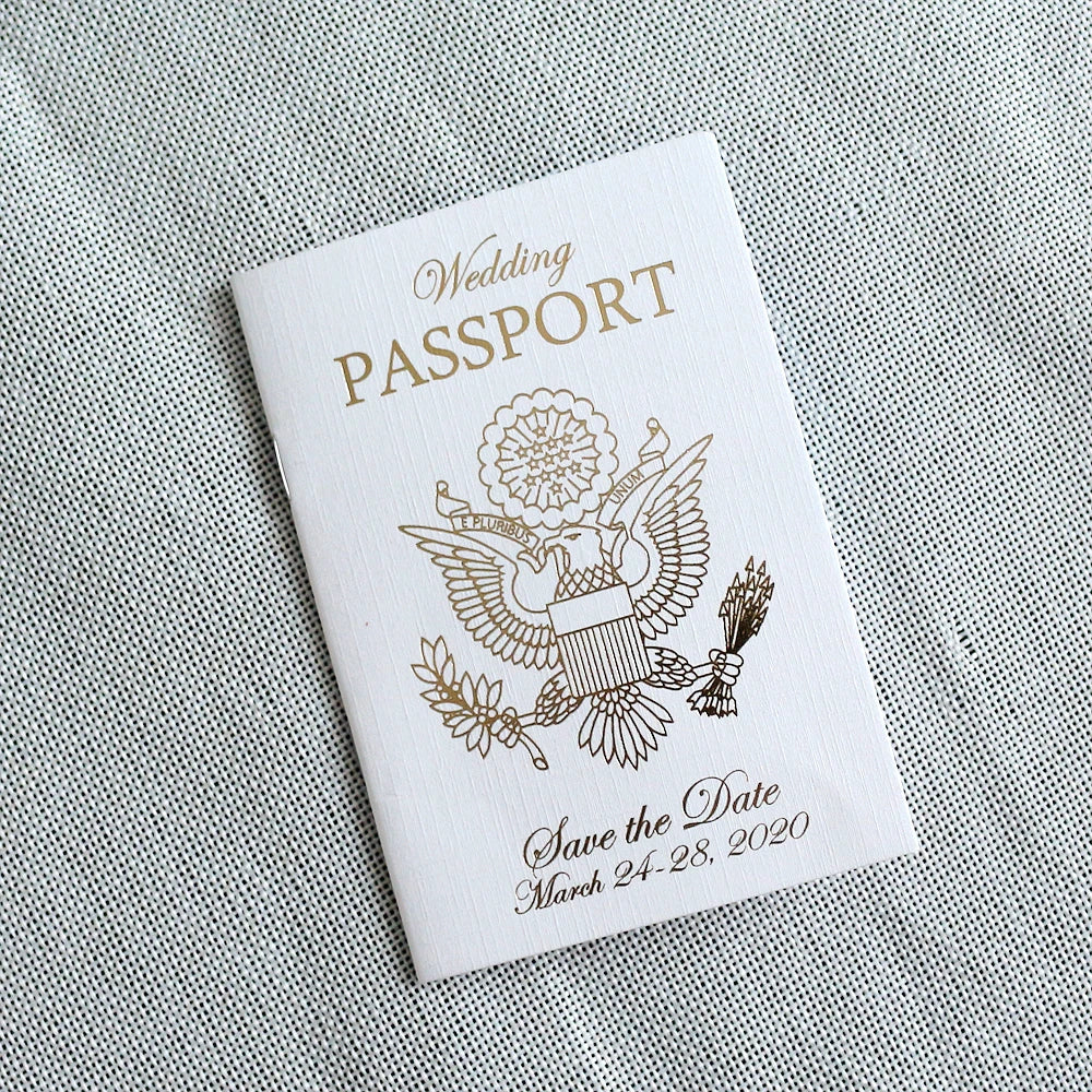 Custom Printed White Paper with Gold Foil Luxury 4 Page DIY Passport Card Wedding Invitations Handmade Paper Crafts