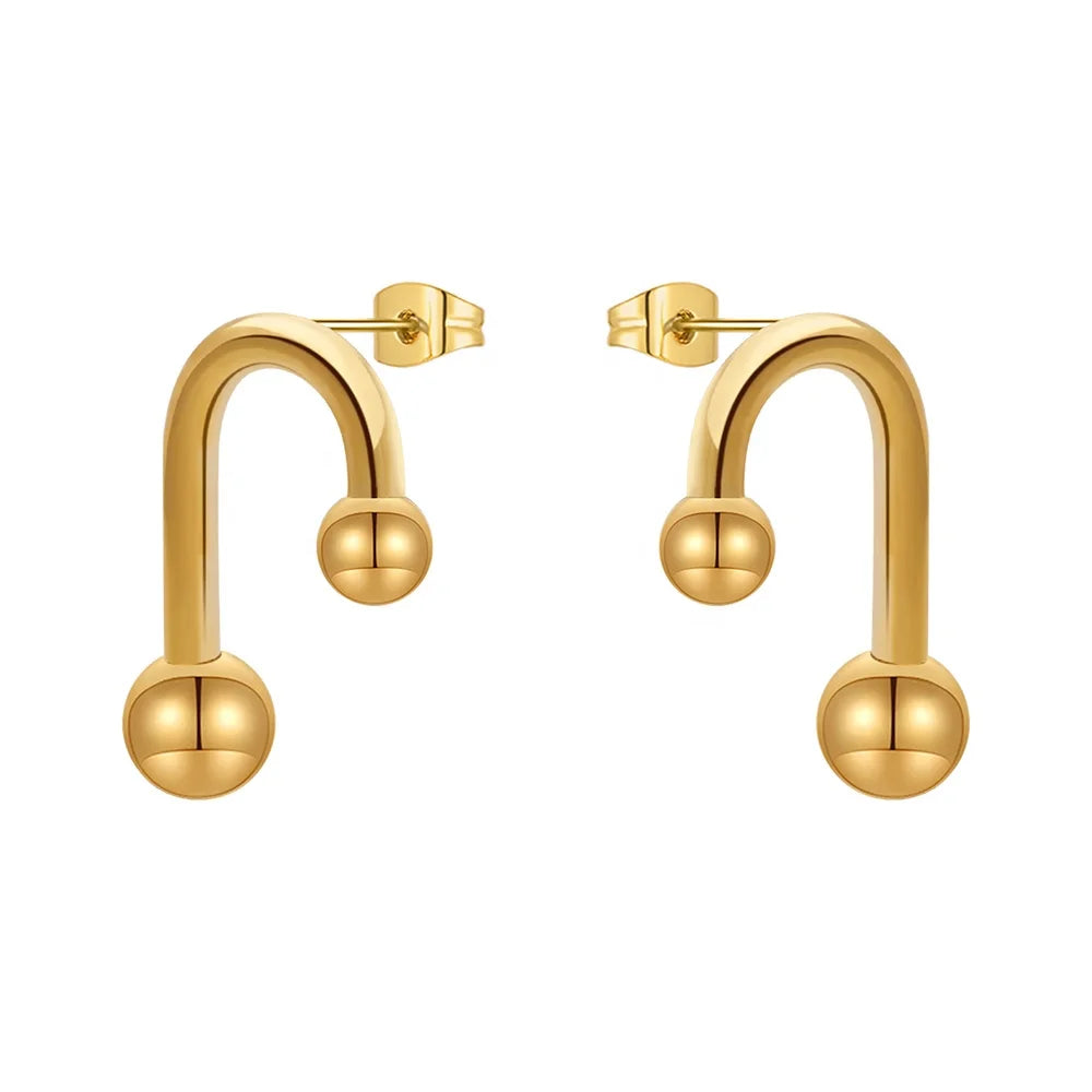 PVD 18K Gold Plated Stainless Steel Jewelry Geometric Bent Hook Steel Ball Stud Earrings Trendy for Women Earrings E231494