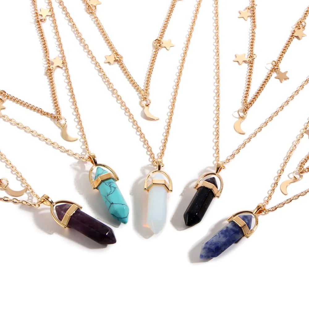 Natural Diamond and Crystal Necklace for Women Hexagonal Star Moon Link Pattern With Healing Point Bullet Shape Pendant