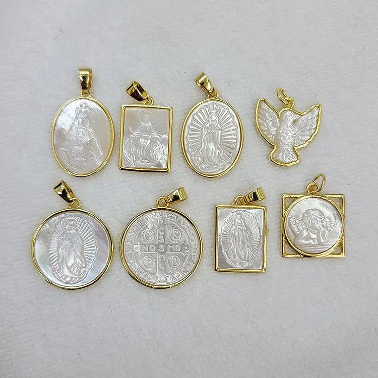 18k Gold Plated Mother of Pearl Shell Rectangle Virgin Mary Our Lady of Guadalupe Medallion Catholic Religious Sacred Pendants