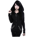 Gothic Punk Womens Full-Zip Hooded Sweatshirt Allure-Enhancing Long Sleeves Timeless Solid Black Fashion-Forward Casual Woven