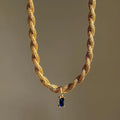 Luxury 18K Gold Plated Stainless Steel Twist Thick Chain Navy Blue Zircon Pendant Necklace  Anti Fade Pearl Main Stone